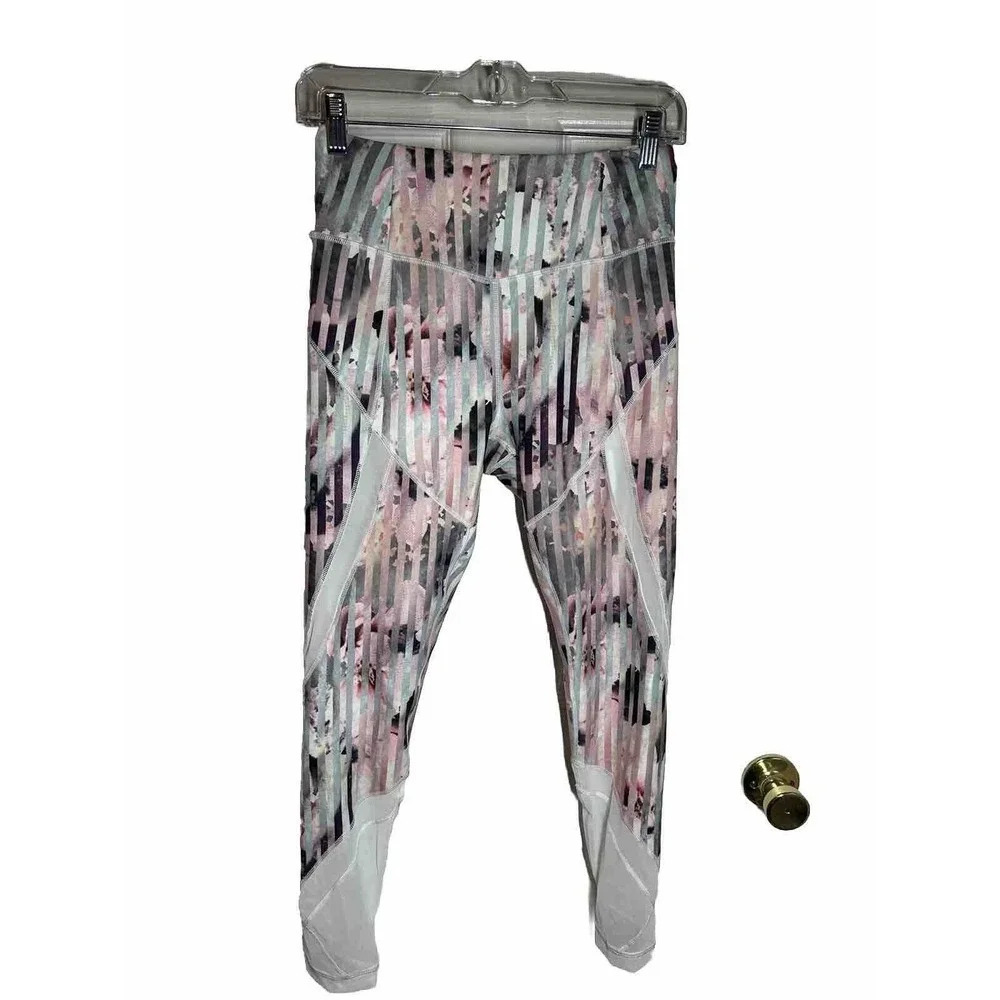 CALIA White Pink Floral Print Mesh Cutout Leggings Size by Measurement.